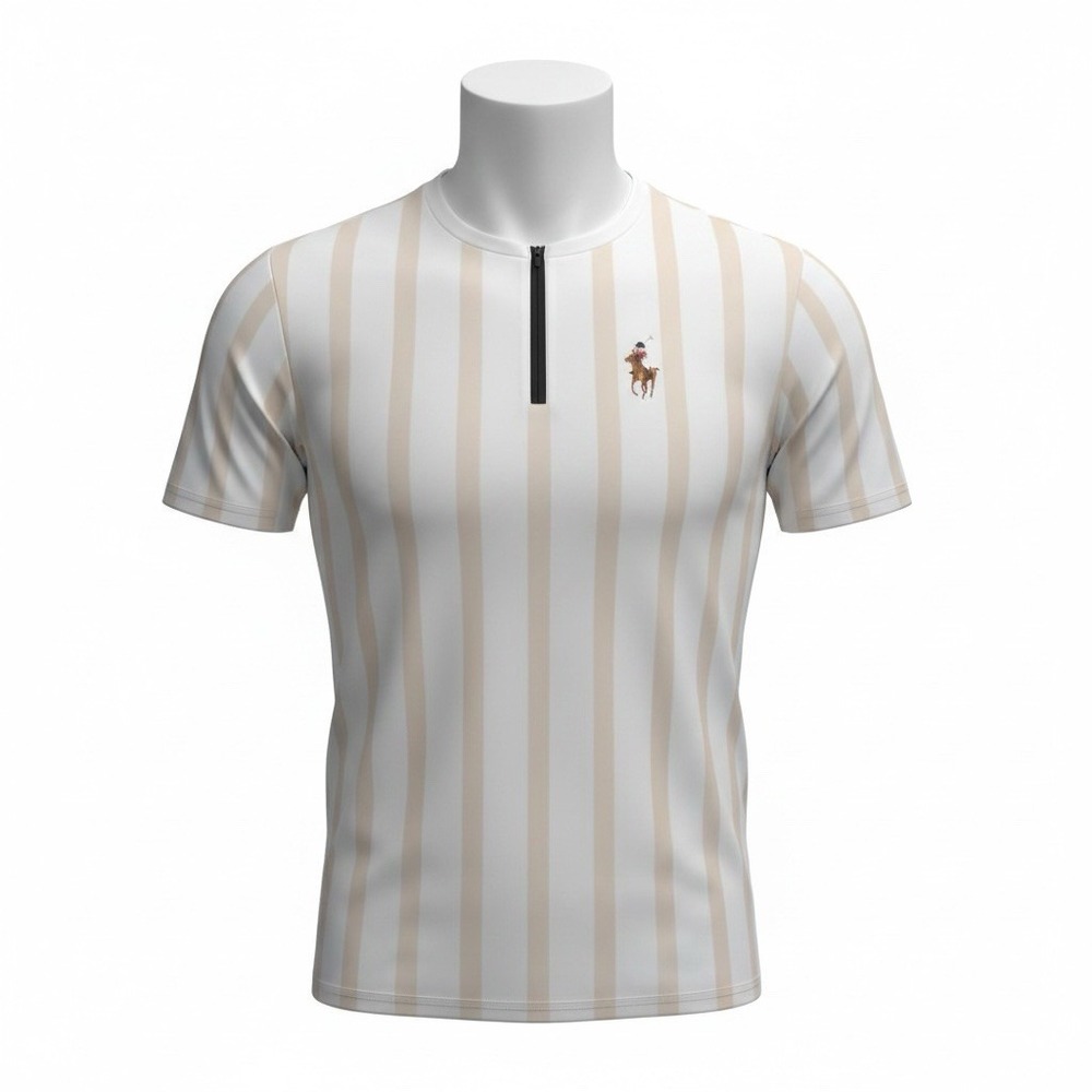 Men's XL Polo Player Striped Quarter Zip Shirt White Beige Short Sleeve Preppy